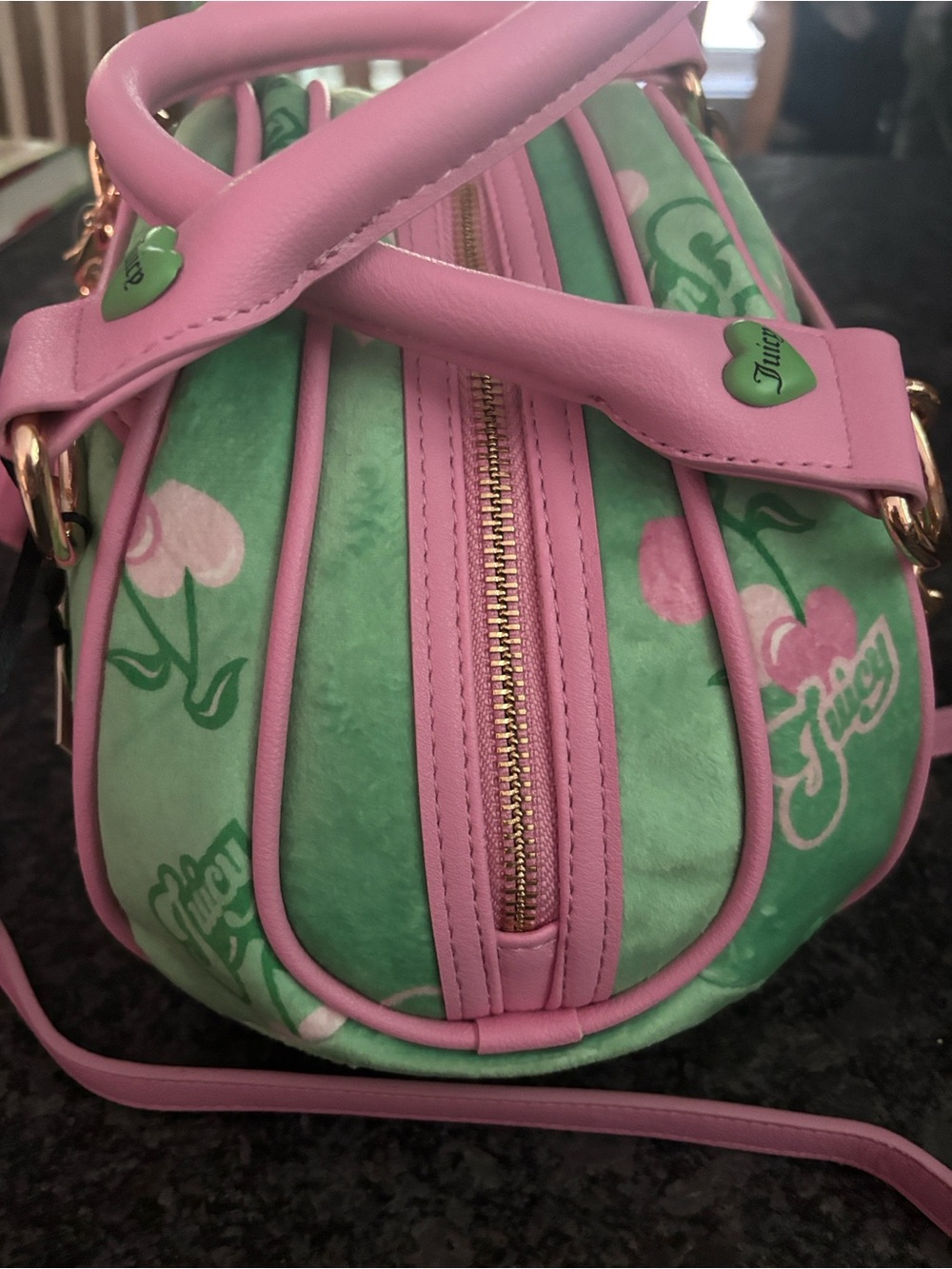 NWT Juicy Couture Retro Pink & Green Barrel Satchel with Cherry Gelato Accent - Picture 7 of 12